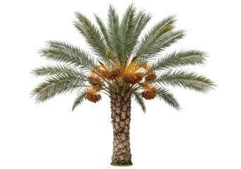 Isolated Date Palm Tree with Ripe Fruits in Summer, Close-up of Tropical Plant with no Background