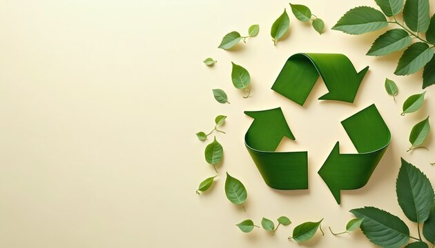 Green recycling symbol made of leaves on light background. Fresh leaves surround eco friendly sign. Sustainable living concept with nature elements. Environmental protection, conservation idea. Green