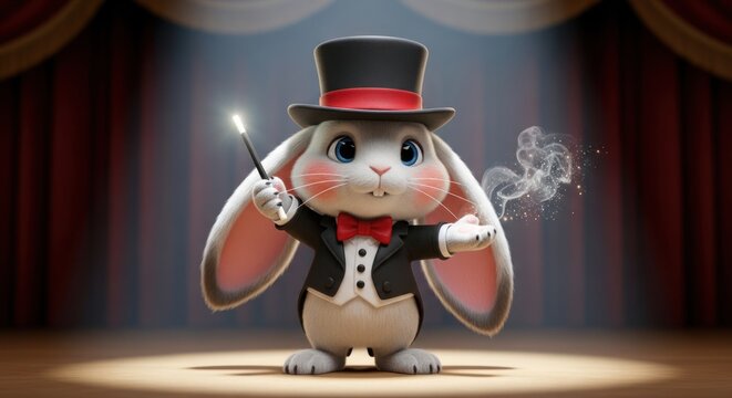 Charming bunny magician performing dazzling act on stage under the spotlight captivating audience