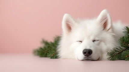 Naklejka premium Sleeping white dog resting its head on evergreen branches. The pup has eyes closed against a pink backdrop. Serene holiday moment.