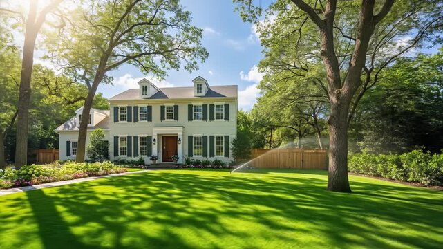 A sunlit, two-story house with shutters sits on a manicured lawn under a partly cloudy blue sky, framed by large trees