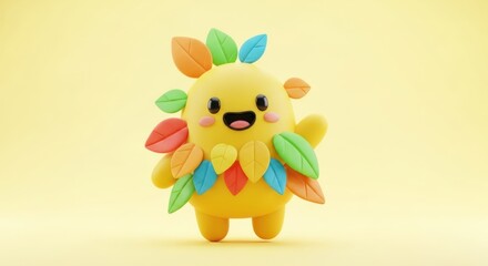 Adorable yellow character with vibrant leaves and playful expression in a light background scene