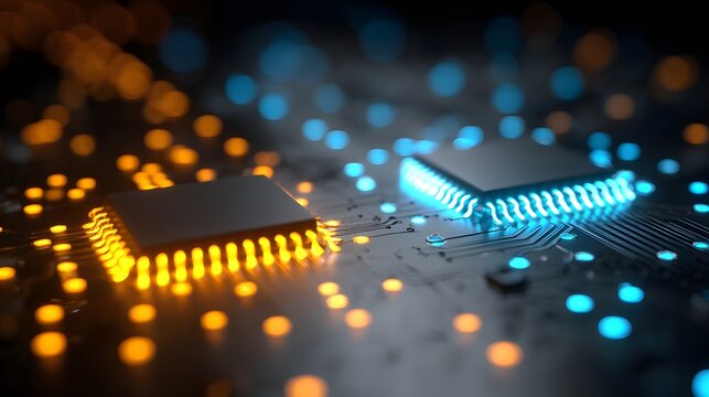 Glowing circuit board with two illuminated processors in dark.
