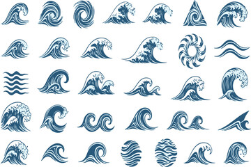 Large vector set of detailed blue water wave icons, ocean surf, and sea swirl graphic elements.