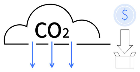 Cloud with CO2 label, arrows pointing to box signifying carbon capture, and coin icon suggesting cost. Ideal for sustainability, environment, energy, climate action, technology, innovation clean