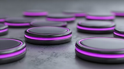 Futuristic circular objects with glowing purple light sit on textured surface.