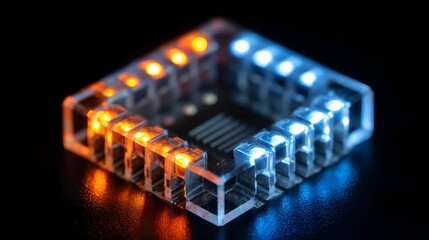 Small electronic component with orange and blue indicator lights.