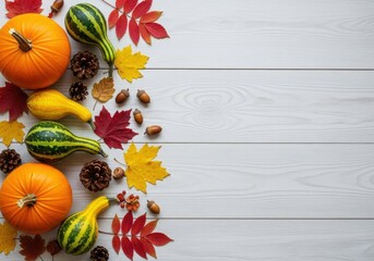 Autumn arrangement featuring pumpkins gourds leaves acorns and pine cones on wood