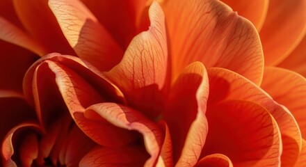 Closeup of vibrant orange dahlia flower petals showcasing intricate details and textures