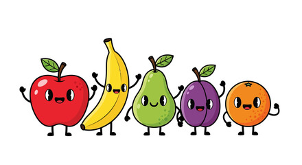 Illustration of cute cartoon fruits standing together isolated on white background