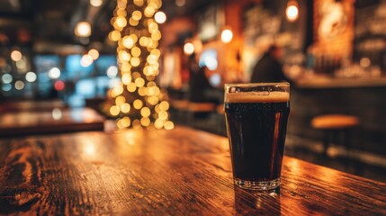 A glass of dark craft beer sits on a rustic wooden table. The background features a cozy pub atmosphere with warm lighting and gentle bokeh effects from decorative lights.