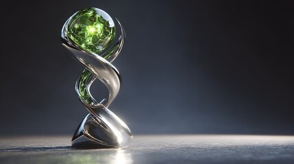 Obraz premium Futuristic trophy with glowing green orb and silver helix design.