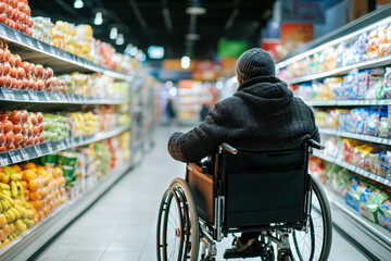 Obraz premium A person in a wheelchair explores a grocery store aisle filled with vibrant fruits and various packaged items while shopping