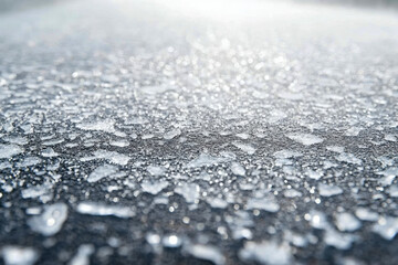 Tiny ice fragments shine on the dark pavement after a recent winter storm in the early morning, creating a sparkling scene
