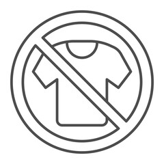 T-shirt ban thin line icon, wash and clean cloth concept. Vector graphics. Forbidden, prohibited item sign on white background, outline style icon for mobile or web design.