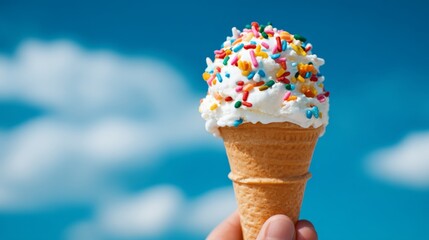 National Ice Cream Day, Summer treat. Indulgent Melting Ice Cream Cone with Sprinkles Against Summer Sky - National Ice Cream Day Delight