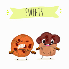 Sweets, bakery funny characters, hand drawn vector illustration.