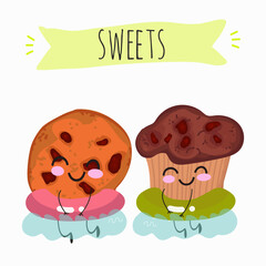 Sweets, bakery funny characters, hand drawn vector illustration.
