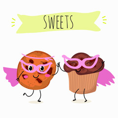 Sweets, bakery funny characters, hand drawn vector illustration.