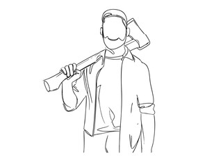 Obraz premium Clean line art illustration of a lumberjack holding an axe