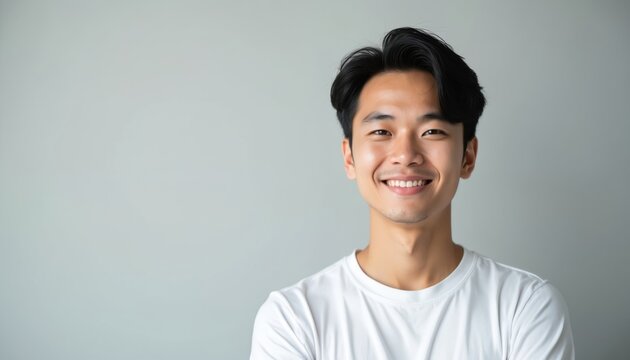 Young Asian man smiles warmly in a studio setting wearing a white t-shirt. He has short dark hair and an approachable, confident look against a plain light gray backdrop.