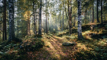 Obraz premium Sunlit forest path dappled with golden light and fallen leaves, inviting peaceful exploration and natural tranquility