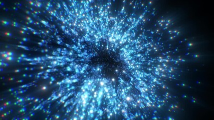 Blue glowing particle field explosion with bokeh light rays background.