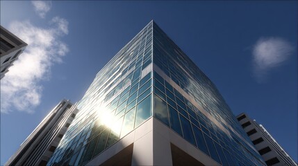 Obraz premium flat roof office building, downtown, glass faÃ§ade, realistic shadows, wide-angle shot, 24mm lens 