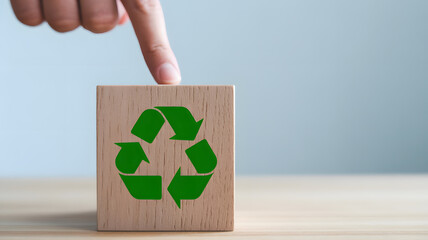 Ecofriendly future with recycling concept and green symbol on wooden block, sustainability focus