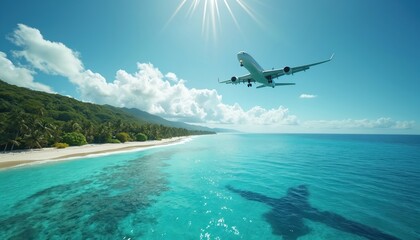 Naklejka premium Airplane flies above tropical lagoon. Aircraft shadow over blue ocean water near exotic island. Paradise vacation travel destination. Commercial aviation flight concept with airliner over sea beach.