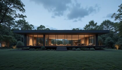 Modern minimalist home with expansive glass walls nestled in lush greenery at dusk
