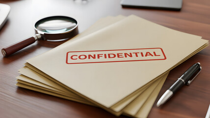 Confidential documents under review on a modern wooden office desk for business security