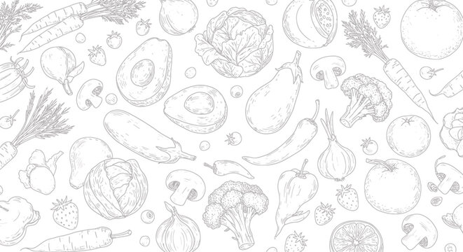 Illustration of artistic pattern of sketched vegetables and fruits isolated on white background