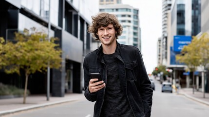 Obraz premium Young man smiles while using smartphone in a city street on a clear day with modern buildings in the background