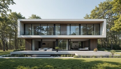Modern minimalist home with expansive glass walls nestled in a serene forest landscape.