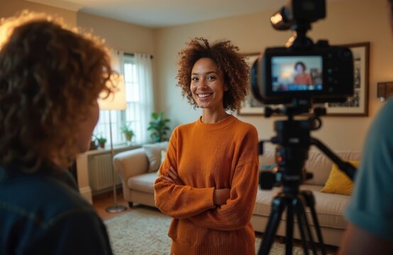 Woman films interview in cozy living room setup. Pro video camera, soft lighting, director prepares scene. Content creator records engaging home production.