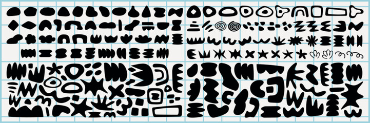 Abstract shapes in black on a grid background. Various abstract forms, abstract patterns, and abstract designs fill the grid with dynamic abstract shapes. Black and white vector set.
