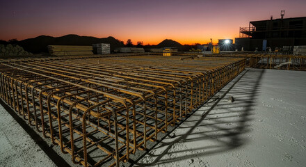 Fototapeta premium Industrial construction site at sunset with rebar framework.