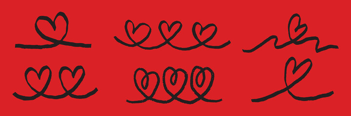 Pattern of hand-drawn hearts on a red background. Black hearts, red background. Repeated heart pattern, artistic hearts. Simple, bold heart design. Cute hand drawn Valentine's Day vector set.