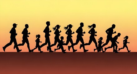 Vector silhouette of diverse group of runners, families, and children jogging in a race