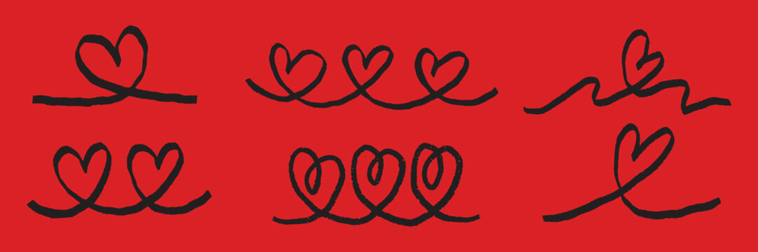 Pattern of hand-drawn hearts on a red background. Black hearts, red background. Repeated heart pattern, artistic hearts. Simple, bold heart design. Cute hand drawn Valentine's Day vector set.