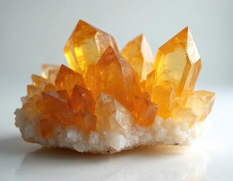 Closeup photo displays orange calcite crystal cluster with white mineral base. Gemstone shines, reflects light. Rock formation looks precious, used in esoteric, healing practices. Stone natural