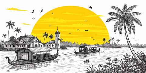 Kerala Alleppey Backwaters Black Line Art Illustration Featuring Houseboats, Palm Trees, Paddy Fields, and Lake View &ndash; Perfect for Tourism and Print Design