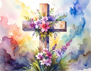 Watercolor painting of a wooden cross adorned with flowers