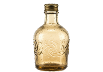 Isolated amber glass liquor bottle for bourbon, whiskey, or brandy with textured pattern