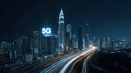 Fototapeta premium A vibrant city skyline illuminated at night showcasing modern skyscrapers and busy traffic below. The prominent 5G symbol highlights technological advancement.