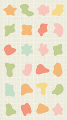 Abstract pattern with colorful, irregular shapes on a grid background. Pastel colors include orange, pink, green, and yellow. Modern and playful design. Pastel shapes, vector element set.