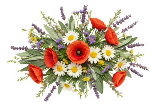 Isolated arrangement featuring flowers, poppies, and lavender against no background