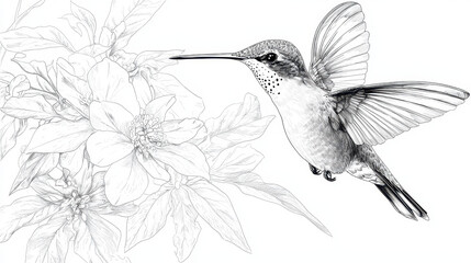 Detailed illustration of hummingbird in flight, surrounded by delicate flowers, showcasing intricate line work and natural beauty