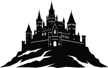 Obraz premium Silhouette of a gothic castle on a hill illustration for fantasy themes isolated on white background